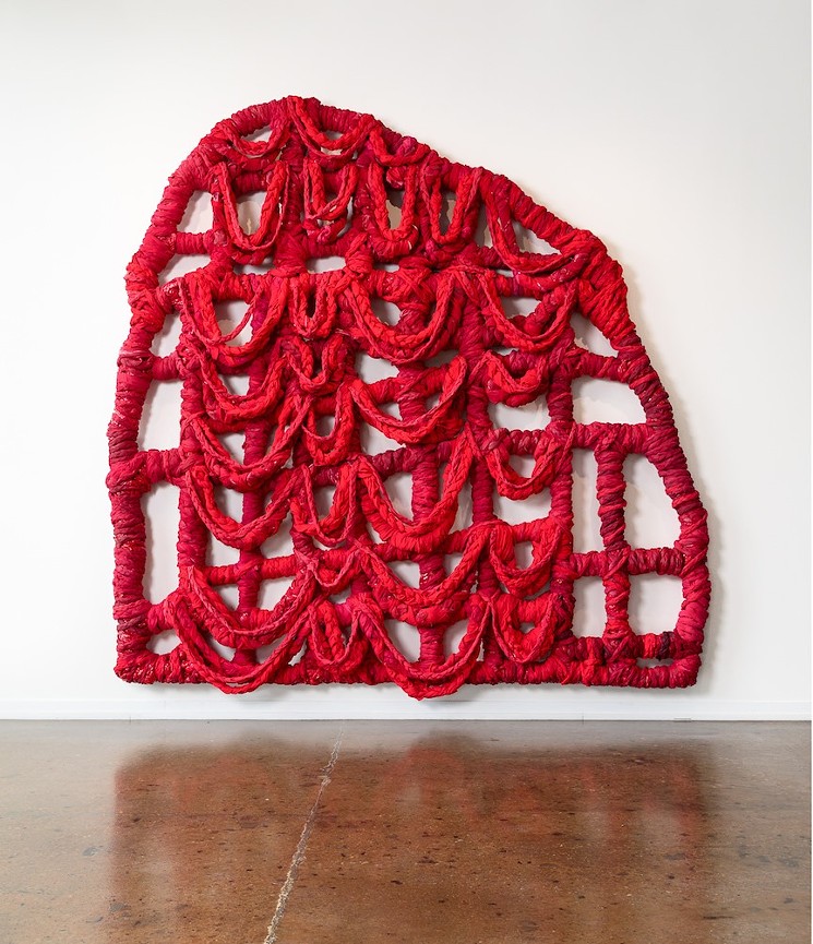 Vadis Turner, “Red Gate” (detail), 2018, braided bedsheets, dye, acrylic, resin, mixed media. - VADIS TURNER
