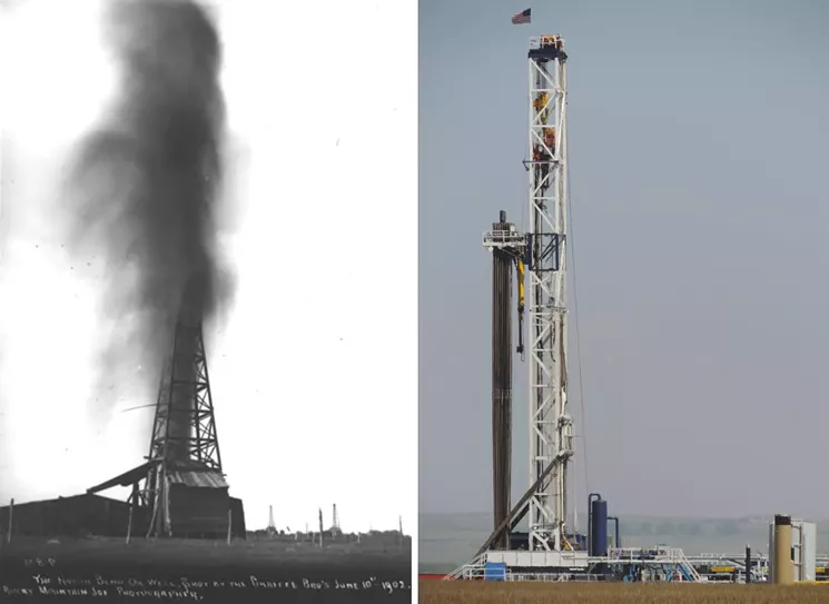 Oil was first produced from the Denver Basin on a ranch outside of Boulder in 1902 (left). A modern rig drills for oil and gas in Weld County, where there are more than 30,000 active and abandoned wells. - BOULDER HISTORICAL SOCIETY / WILDEARTH GUARDIANS