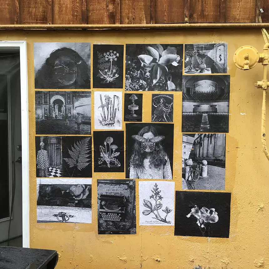 A small community wheat-paste piece that Sharifa Moore put up on the side of Vivian's Gourmet in Evergreen, featuring the work of Kellie Smith and Emily Owens. - COURTESY OF SHARIFA MOORE