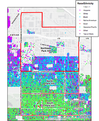Park Hill is often praised as an integrated neighborhood, but households are still largely distributed along racial and ethnic lines. Blue dots represent black residents, green dots represent white residents, and purple dots represent Hispanic residents. (Dots on the golf course land are a computer error.) - PARK HILL COLLECTIVE IMPACT