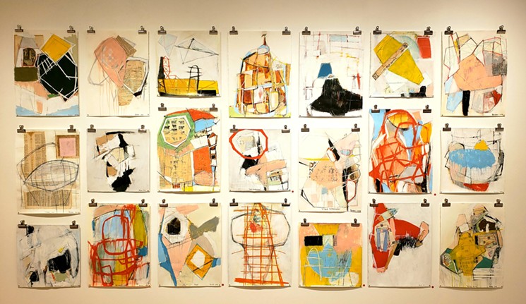 An installation of Kelton Osborn's mixed-media paintings on paper. - MIKE MCCLUNG, COURTESY OF MICHAEL WARREN CONTEMPORARY