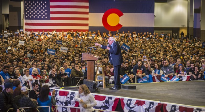 Bernie Sanders speaks to a crowd of more than 11,000 on the floor of the Colorado Convention Center. - EVAN SEMÓN