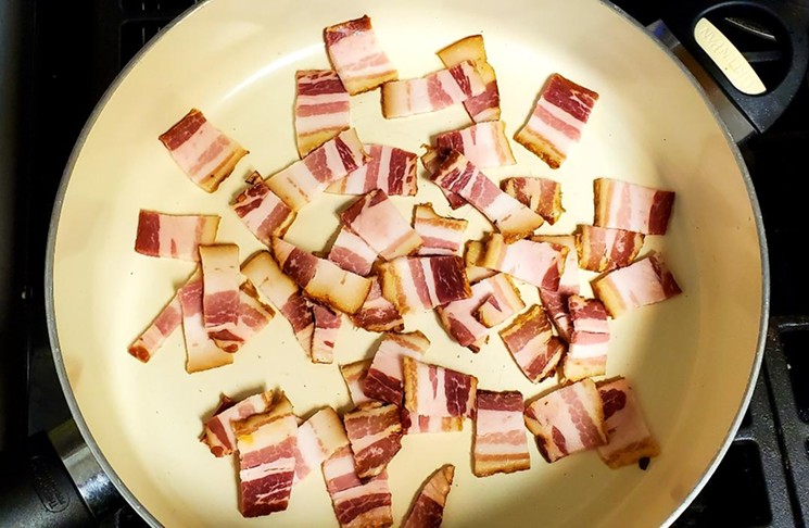 Thick, uncured bacon chopped up for cooking. - LINNEA COVINGTON
