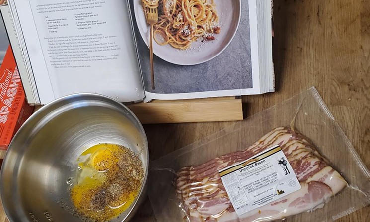 Using bacon from Locavore Delivery to make a pasta carbonara. - LINNEA COVINGTON