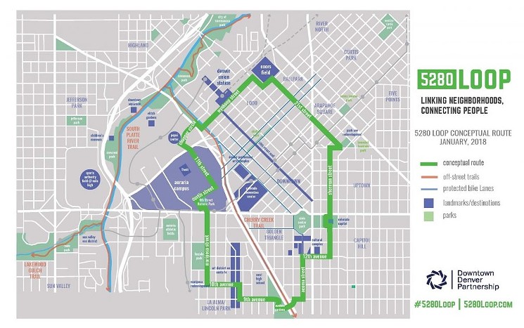 A map of the 5280 Trail, also known as the 5280 Loop. - DOWNTOWNDENVER.COM