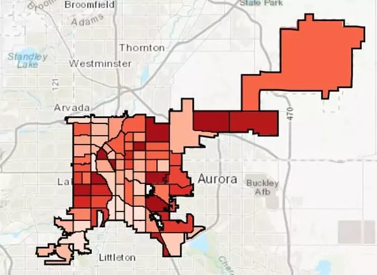 The April 30 case map from Denver Public Health depicts neighborhoods with higher infection rates in darker colors. - DENVER PUBLIC HEALTH