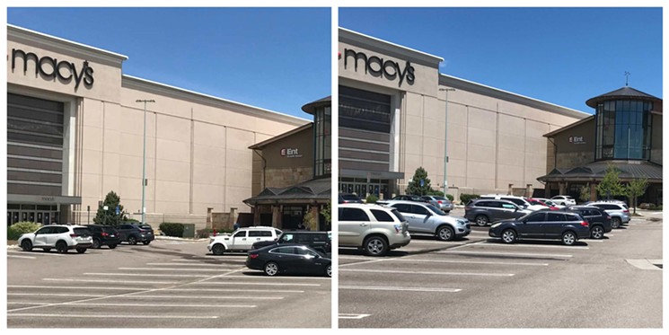 The Park Meadows parking lot outside Macy's on Saturday, May 23, before the grand reopening, and on Monday, May 25. - PHOTOS BY MICHAEL ROBERTS