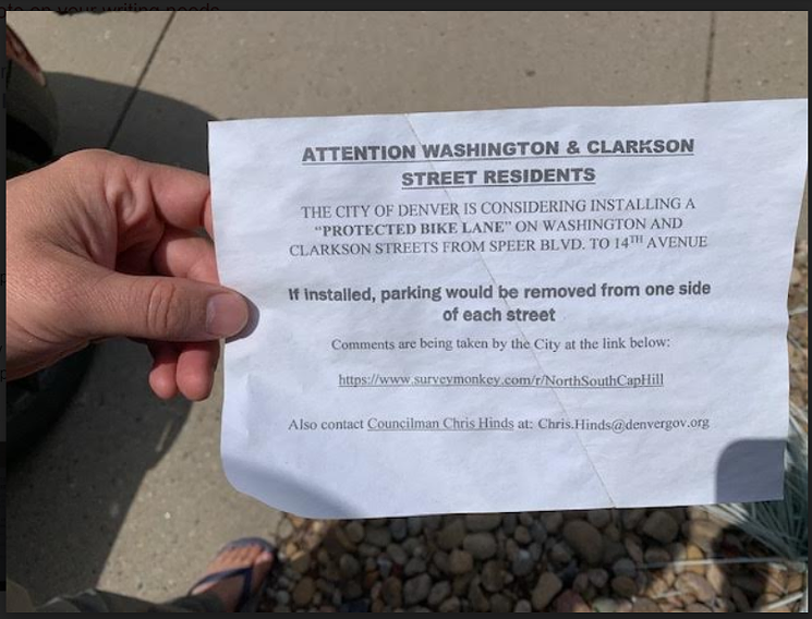 Anonymous fliers about the proposed route recently showed up on vehicles on Clarkson Street. - COURTESY OF DOUG GOLDMAN