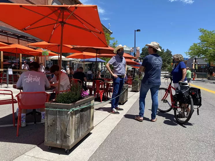 Pearl Street west of the pedestrian mall has been closed to motor vehicles to allow restaurants to expand their outdoor seating. - COURTESY OF THE KITCHEN RESTAURANT GROUP