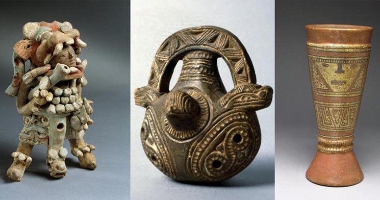 "Jaguar-costumed Figurine Flute with Blowgun," Mayan, 300-600 C.E., ceramic; "Decorated Ocarina," 1000-1500 C.E., Costa Rica, ceramic; "Drum with Painted Geometric and Facial Imagery," 900-1520 C.E., Chiriqui, ceramic. - COURTESY OF THE DENVER ART MUSEUM
