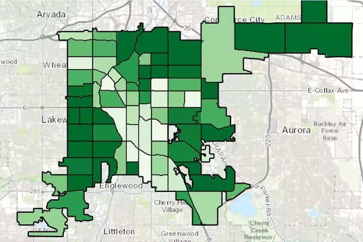 The Denver Public Health COVID-19 hospitalization map accessed on June 22. Darker colors denote higher hospitalization rates. - DENVER PUBLIC HEALTH
