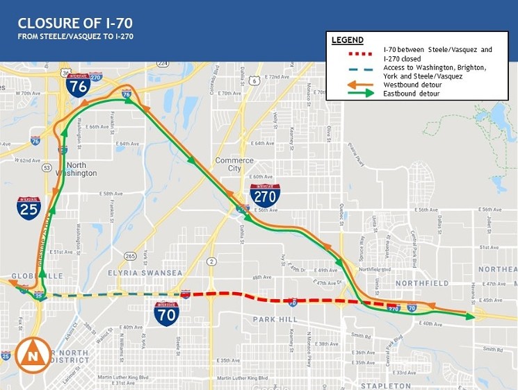 A map showing the Interstate 70 detour to be used over the weekend. - COLORADO DEPARTMENT OF TRANSPORTATION