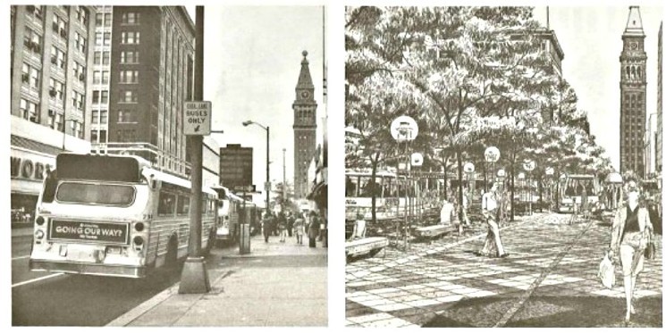 What 16th Street looked like in 1977 and an illustration from the original mall design. - DENVERGOV.ORG