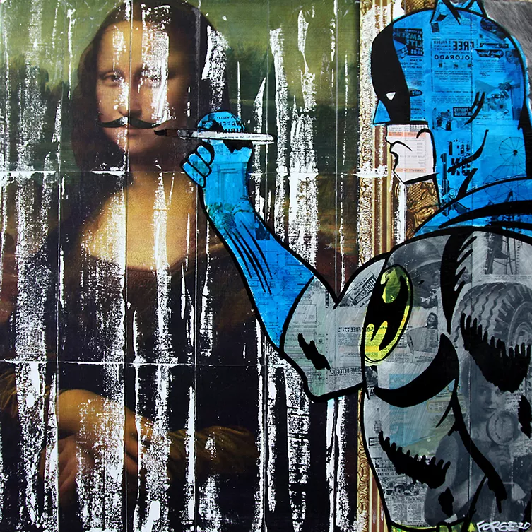 "L.H.O.O.Q. Batman - Mona Lisa," by Forge, 30”x30” vintage image transfer, acrylic on wood panel. - AYA TREVINO PHOTO