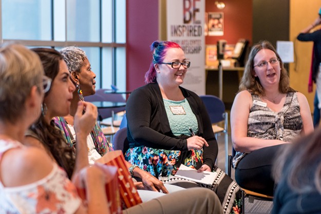 Women actively listening at Not in Our House: Boulder Theatre Community in Conversation at the Dairy Arts Center in August 2018. - RICK VILLARREAL