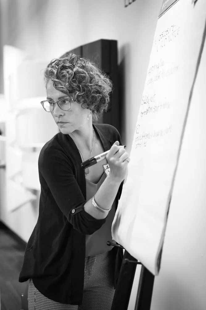 Amanda Rose Villarreal taking notes at Not in Our House: Boulder Theatre Community in Conversation. - RICK VILLARREAL
