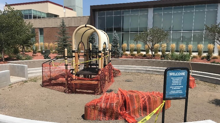 The playground at the Pueblo Riverwalk remains off-limits. - PHOTO BY MICHAEL ROBERTS