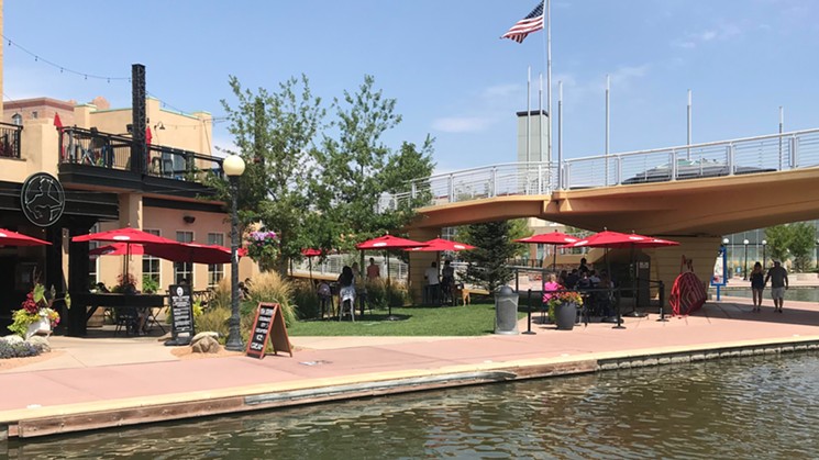 Aside from a few diners at Brues Alehouse Brewing Co., the Pueblo Riverwalk attracted few visitors on the afternoon of the 29th. - PHOTO BY MICHAEL ROBERTS