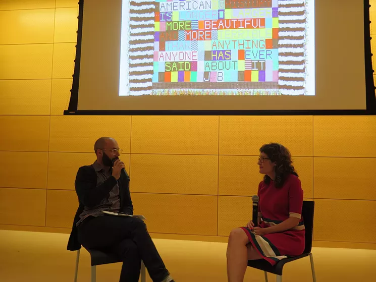 Miranda Lash with ICI director Renaud Proch, presenting the Curator's Perspective lecture at The New - School. - COURTESY OF MCA DENVER/MIRANDA LASH