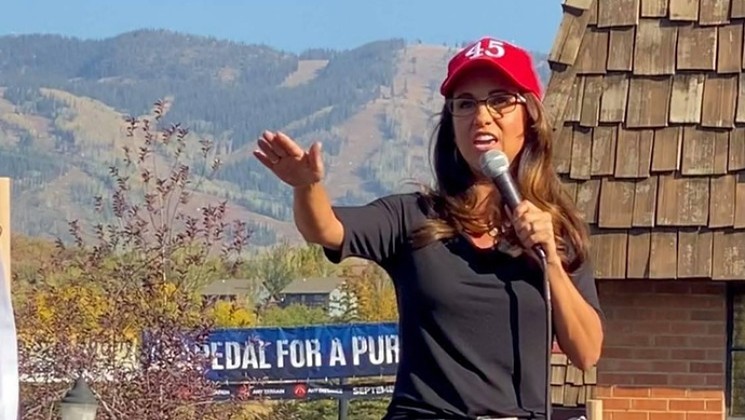 Lauren Boebert on the campaign stump. The "45" on her red, MAGA-style hat pays tribute to President Donald Trump. - COURTESY OF LAUREN BOEBERT