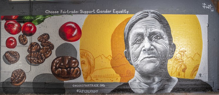 The mural on the side of Kaladi Roasters features Natividad Vallejos, a fifteen-year member of an all-female Peruvian coffee cooperative. - MARK LEFFINGWELL