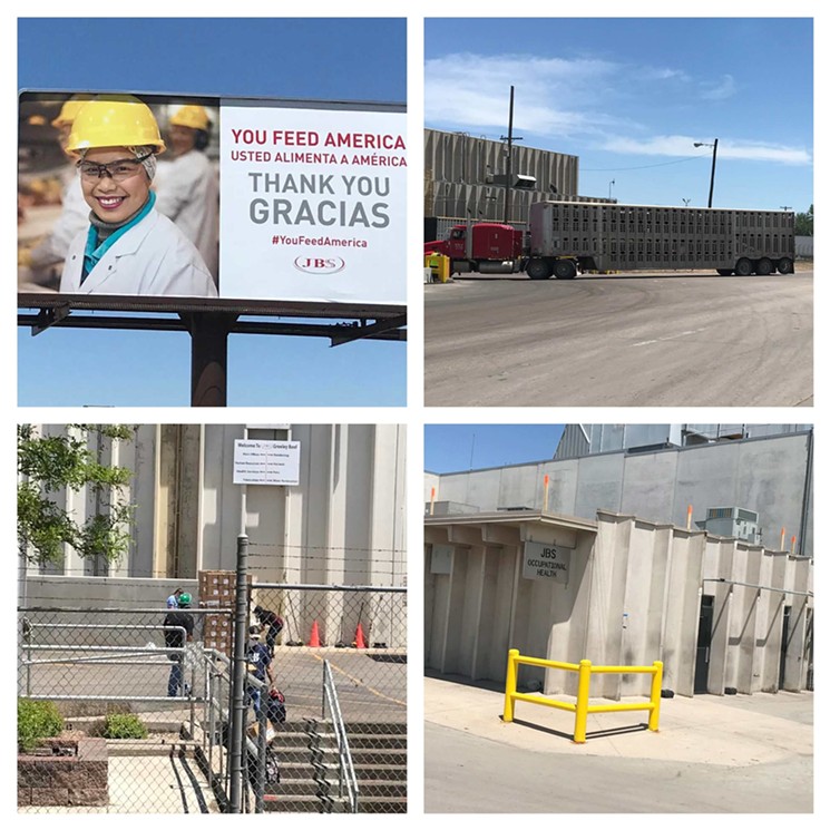 A collage of images from the JBS plant in Greeley. The company makes two appearances on the superspreader list. - PHOTOS BY MICHAEL ROBERTS