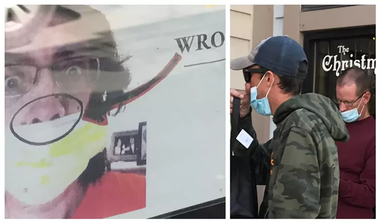 The two dudes at the right apparently didn't see the mask-use sign on the front door of one Estes Park business. - PHOTOS BY MICHAEL ROBERTS