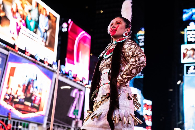For the Times Square performance, Sarah Ortegon's dress and makeup were a collaborative effort. Her makeup, by Niez Marie Aguirre, was designed to raise awareness for Missing and Murdered Indigenous Women (MMIW). - MARIA BARANOVA