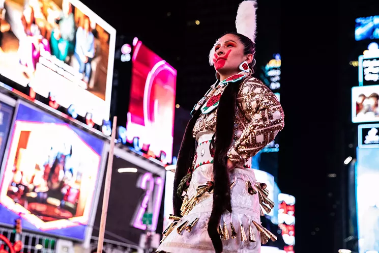 For the Times Square performance, Sarah Ortegon's dress and makeup were a collaborative effort. Her makeup, by Niez Marie Aguirre, was designed to raise awareness for Missing and Murdered Indigenous Women (MMIW). - MARIA BARANOVA