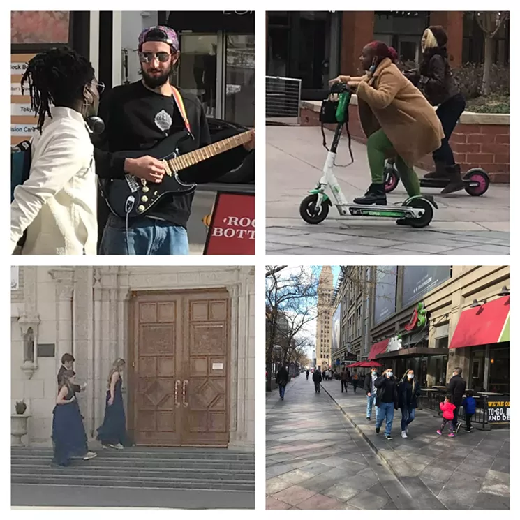 (Clockwise from upper left) A mask-free musician chats up a listener, also sans facial covering, on the 16th Street Mall on November 21; two unmasked scooter riders; pedestrians on the mall, where around 50 percent of the people wore masks; members of a wedding at nearby Holy Ghost Church. - PHOTOS BY MICHAEL ROBERTS