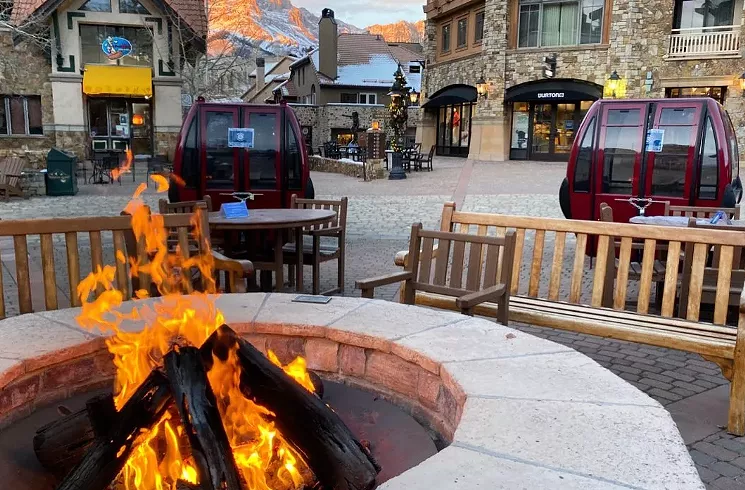 Mountain Village has outdoor fire pits and dining pods made from gondolas. - COURTESY OF TELLURIDE BREWING CO.