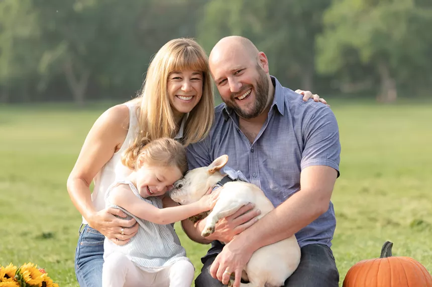 The Rosenberg family — Lauren Feder Rosenberg and Hosea Rosenberg (co-founders of Sophie's Neighborhood), Sophie and the unnamed, hairiest Rosenberg — want you to do your holiday shopping in the ’hood. - GAELLE PET PHOTOGRAPHY