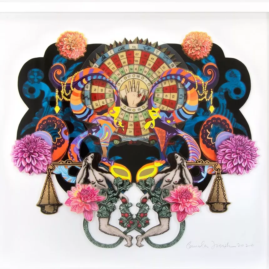 Pamela Joseph, ”One cannot legislate love, but what one can do is legislate fairness and justice,” mask headdress, 2019, acrylic and mixed media on plexiglass. (Title from a poem by Maya Angelou.) - PAMELA JOSEPH, MICHAEL WARREN GALLERY