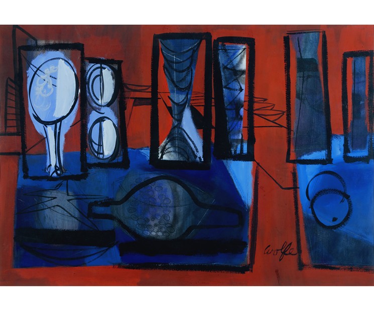 “Red and Blue Abstract Still Life,” 1950s, by Lynn Wolfe (1917–2019), watercolor on paper. - COLLECTION KIRKLAND MUSEUM OF FINE & DECORATIVE ART; GIFT OF ROBERT & JULIE LEWIS.