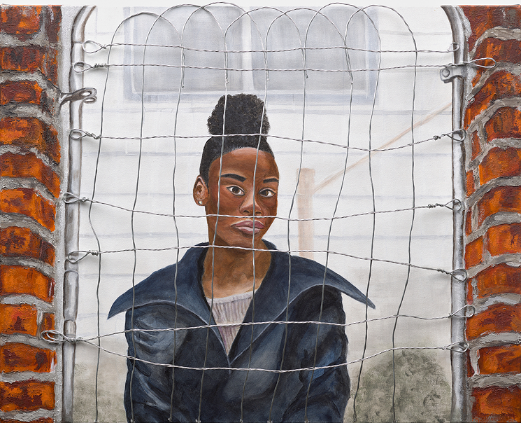 Carole Goodwin, “Fenced Out,” acrylic, charcoal and galvanized wire on canvas. - © CAROLE GOODWIN