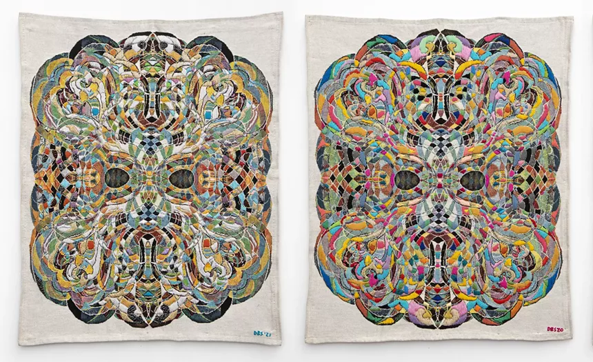 David B. Smith, “Mask 1,” 2020, and “Mask 2,” 2021, embroidery on artist-designed tapestry, wood backing. - DAVID B. SMITH, DAVID B. SMITH GALLERY
