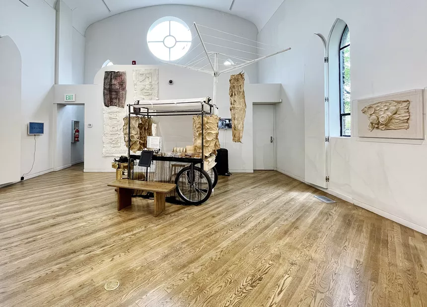 Sammy Lee, "Street Art Cart," 2018, "Shop Signs" and "Very Proper Table Setting # 11," 2021, hanji, acrylic varnish. - COURTESY OF SAMMY LEE