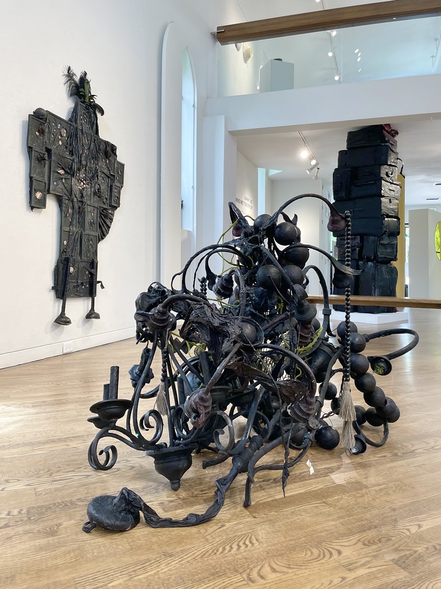 Sammy Lee, "Chandeliers," 2019, various sized chandeliers, hanji, silk flowers, ribbons, beads, acrylic varnishes. - COURTESY OF SAMMY LEE