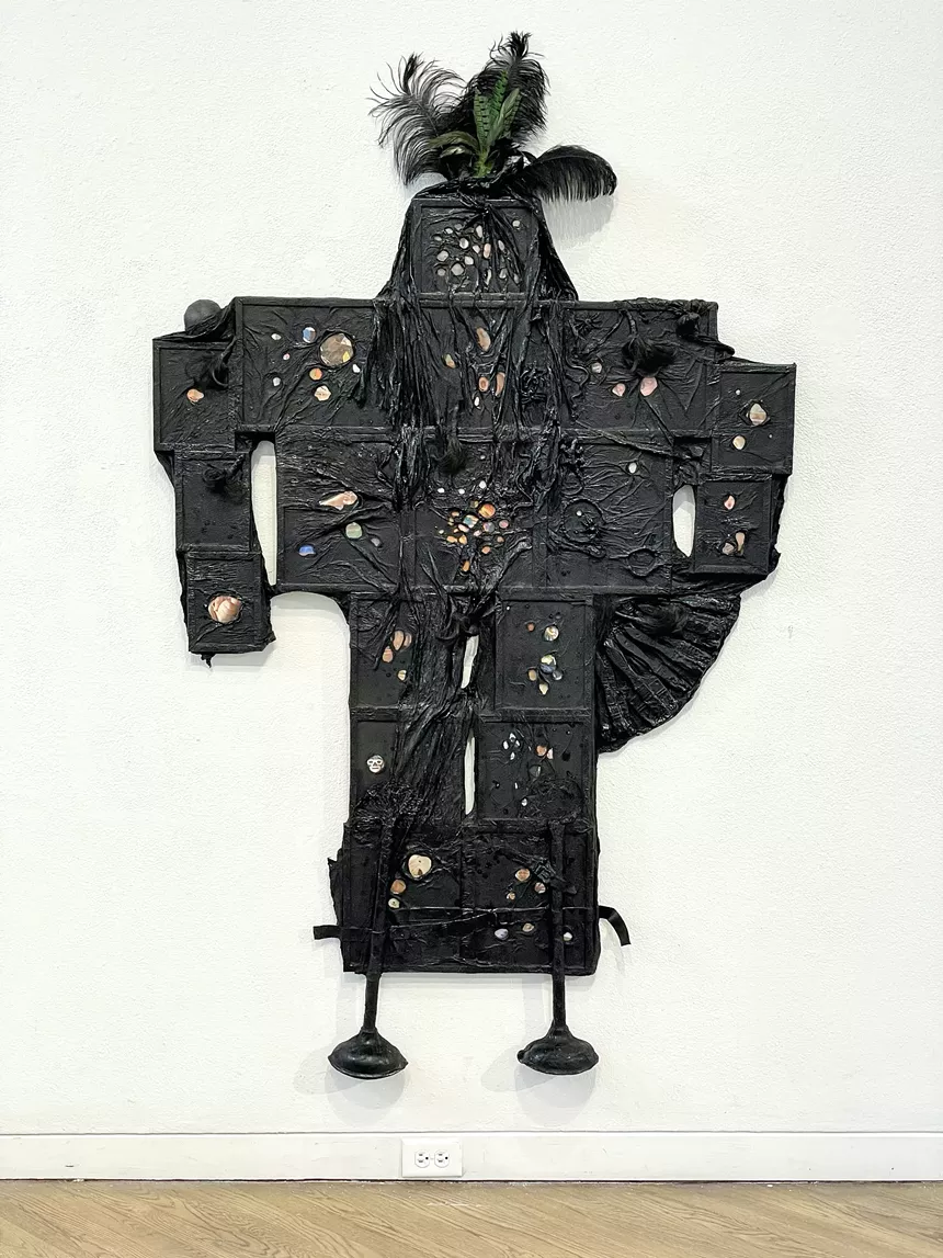 Sammy Lee, "Mamabot, hindsight," 2020, archival photos, photo frames, papers, feathers, small plastic toys. - COURTESY OF SAMMY LEE