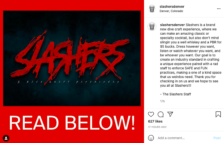 The new name and concept of the bar was announced on Instagram. - SLASHERS DENVER INSTAGRAM