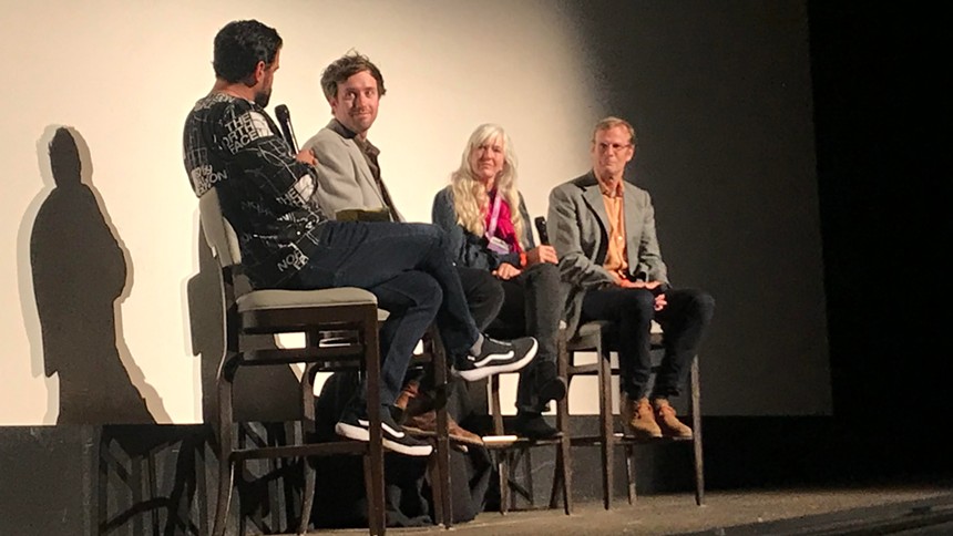 A North Face executive interviewed (second from left to right) Max Lowe, Jennifer Lowe-Anker and Conrad Anker after the Denver Film Festival screening of Torn. - PHOTO BY MICHAEL ROBERTS