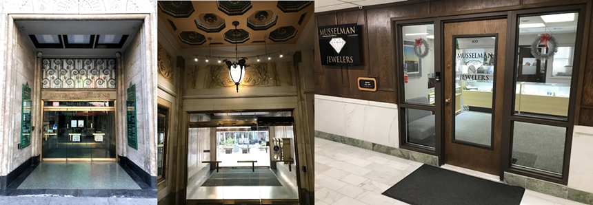 The exterior and lobby of the University Building, and Musselman Jewelers on the 4th Floor - TEAGUE BOHLEN