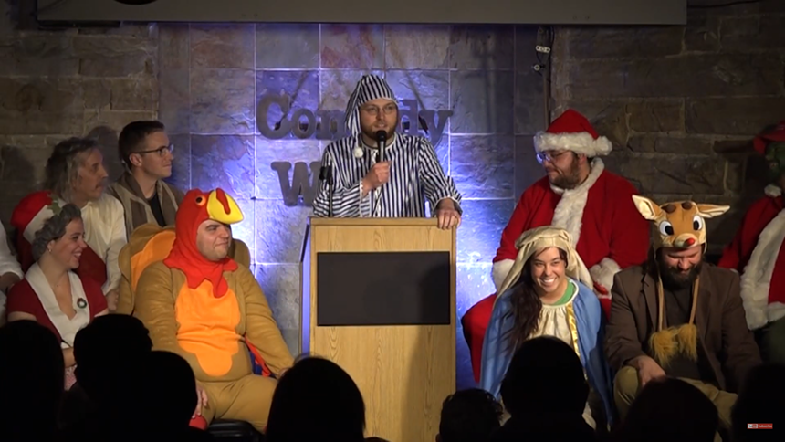 Characters include Santa Claus, Scrooge and a Christmas turkey. - COMEDY WORKS