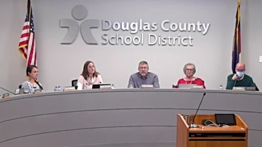 Most of the Douglas County School Board members were unmasked at the December 7 meeting. - DOUGLAS COUNTY SCHOOLS VIA YOUTUBE