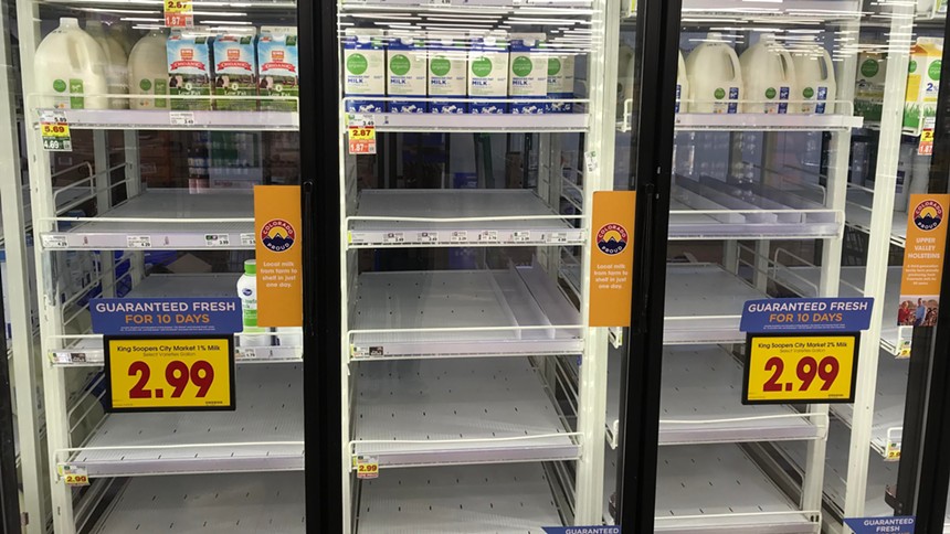 The milk selection was still seriously depleted at the southwest Jefferson County King Soopers on Sunday, January 23. - PHOTO BY MICHAEL ROBERTS