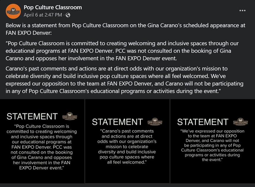 Pop Culture Classroom isn't the only one disappointed in the Carano announcement. - FACEBOOK