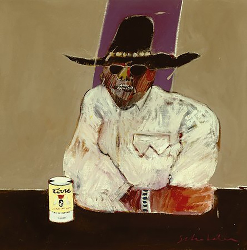 Fritz Scholder's 1969 "Indian With Beer Can," 24 x 24 inches, oil on canvas. - COLLECTION OF RALPH AND RICKY LAUREN/PHOTO BY BILL MCLEMORE