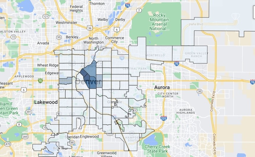 A screen capture of the Denver Crime Map on April 22, 2022. The darker areas denote higher crime levels. - DENVER CRIME MAP