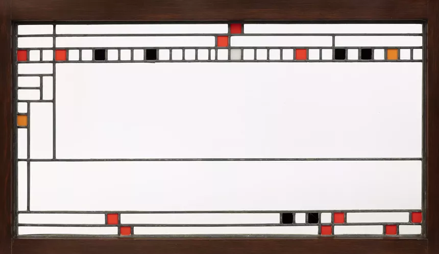 Clerestory Window, designed c. 1912 by Frank Lloyd Wright, oak and clear glass with zinc caming. - PHOTO BY WES MAGYAR, COLLECTION KIRKLAND MUSEUM OF FINE & DECORATIVE ART