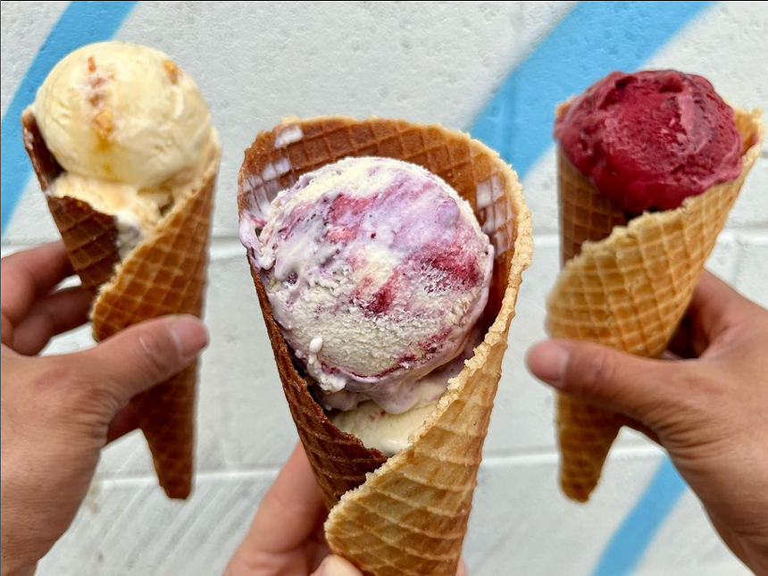 Pint's Peak Ice Cream is available in pint, bowl, or brown sugar waffle cones.  - Peak PINT / INSTAGRAM